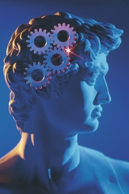 gears on a statue head to depict a working mind
